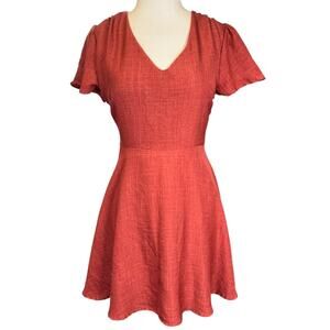 Attard State Rust Red Fit Flare Dress V Neck Short Sleeve A Line Midi Dress M